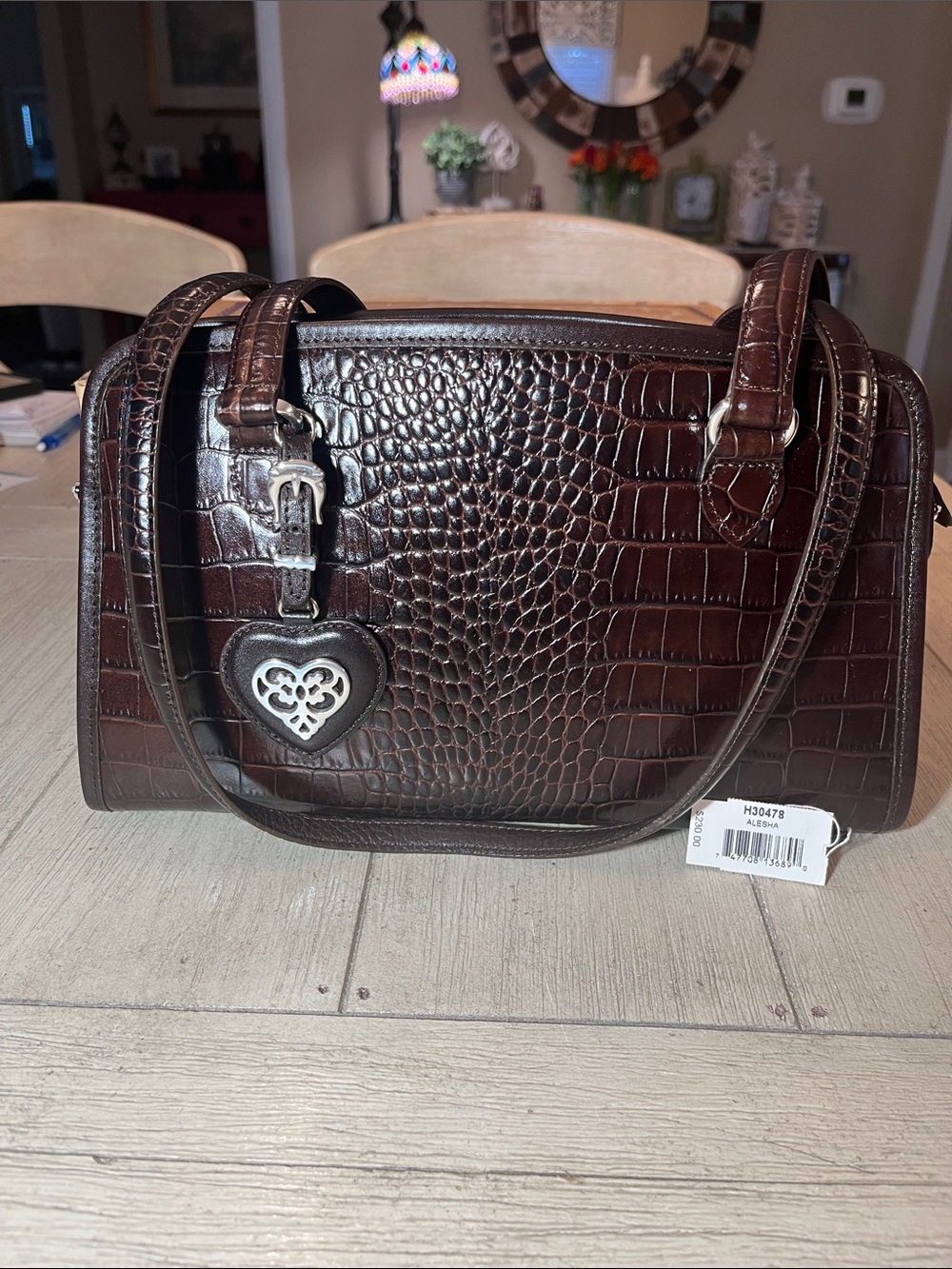 Brighton Dark Brown Croc-Embossed Shoulder Bag with Heart Charm
